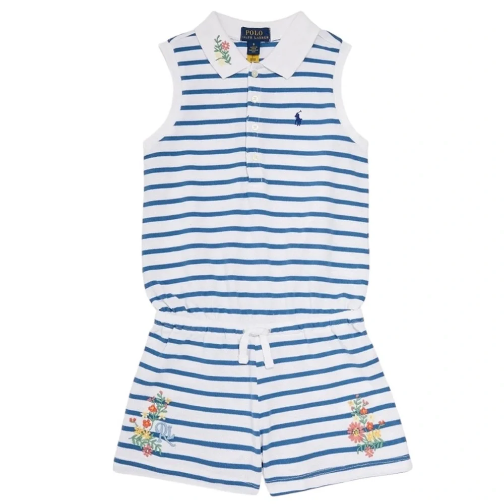 Ralph Lauren Blue and White Striped‎ Romper with Gathered Waist Resort Vacation